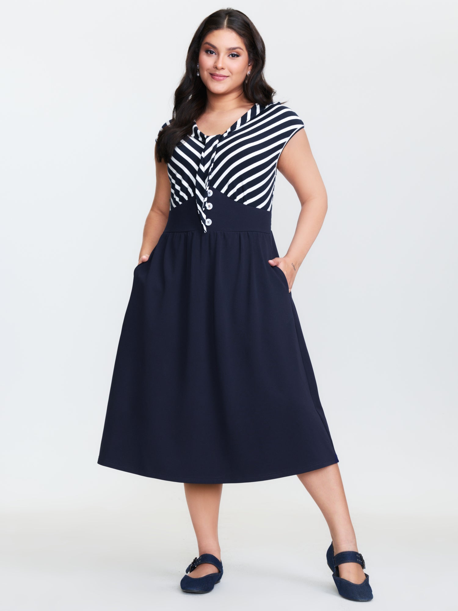 Cotton Striped Button Detail Pockets Midi Dress