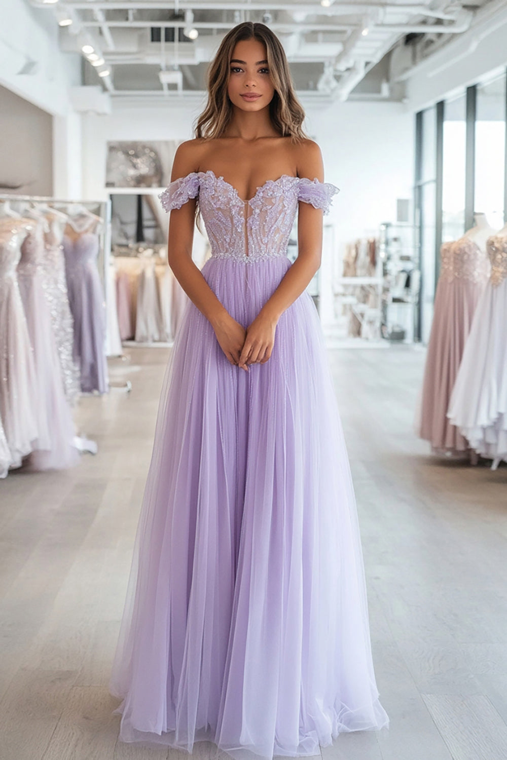 Long Lilac Sparkly Prom Dress in A-Line Style with Off-Shoulder Tulle and Sequined Appliques