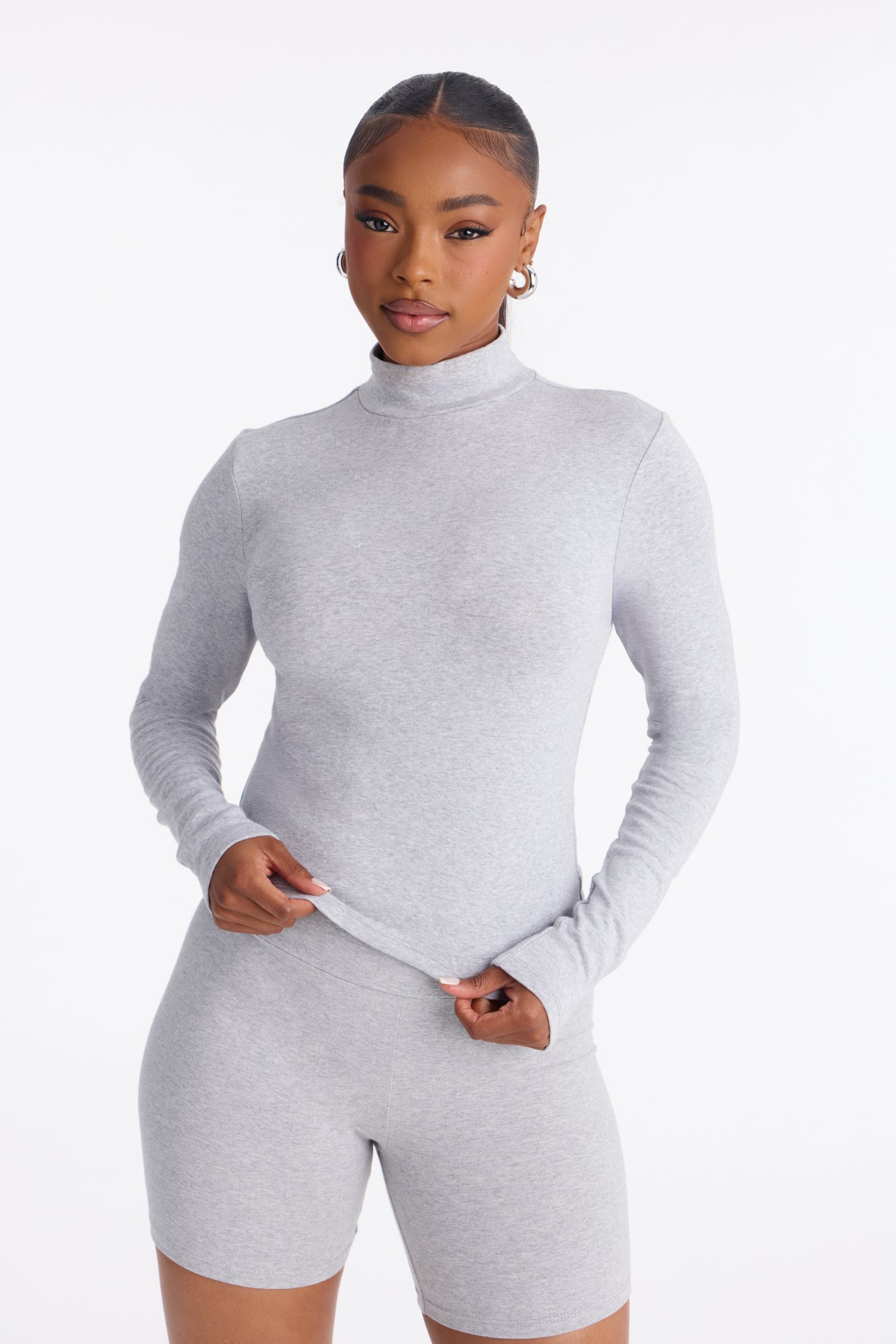 Mary Mock Neck Cotton Blend Long Sleeve Top - Heather Grey