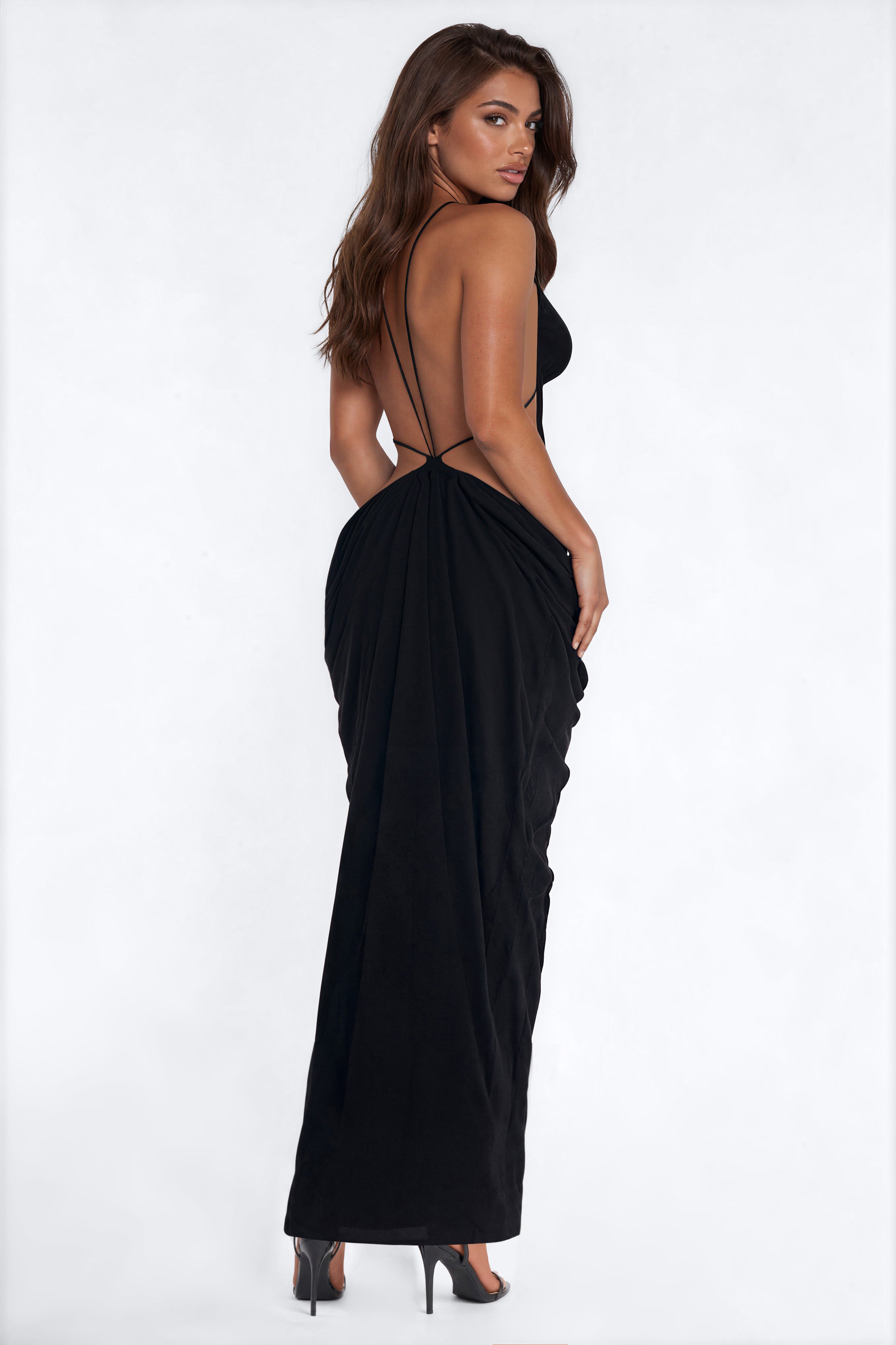 Keep You Guessing Backless Draped Maxi Dress - Black
