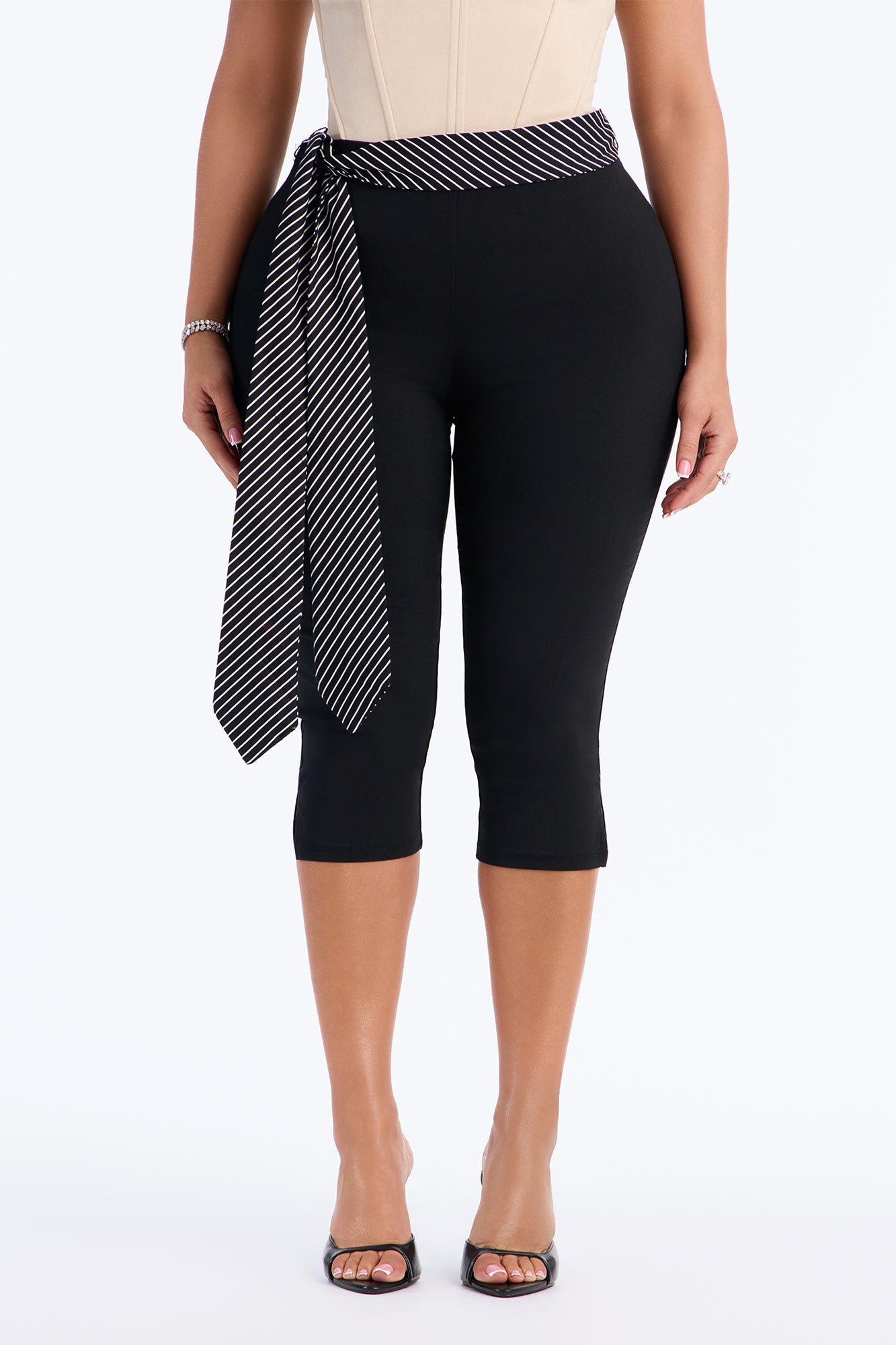Raven Striped Tie Waist Capri Pant - Black