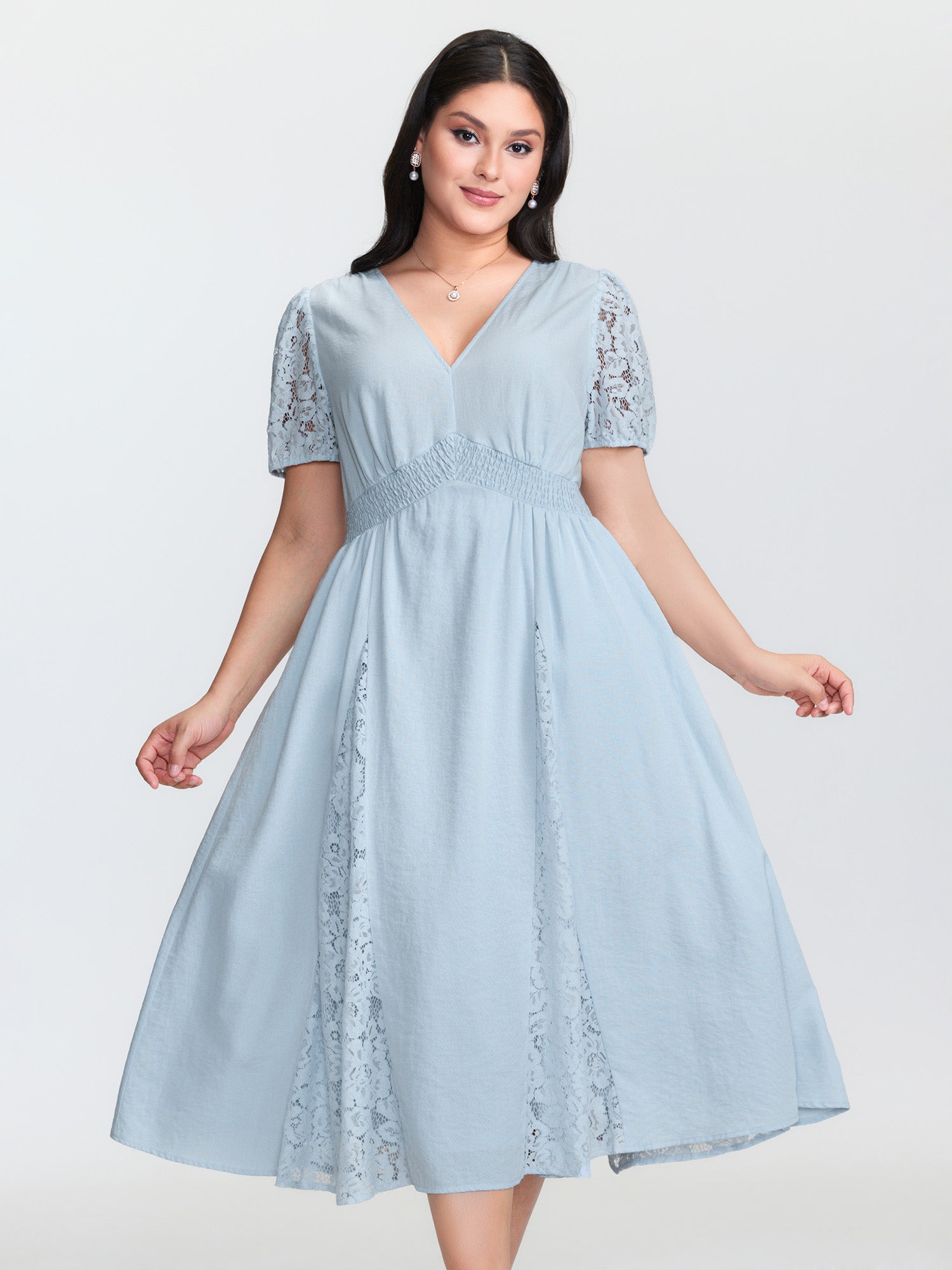 Lace Panels Shirred Waist Midi Dress