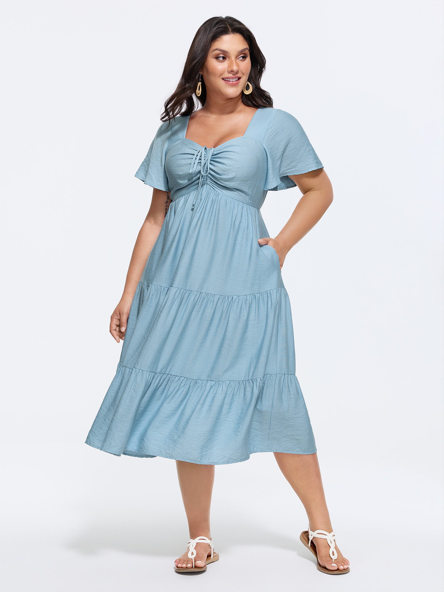 Sweetheart Drawstring Pocket Tiered Dress