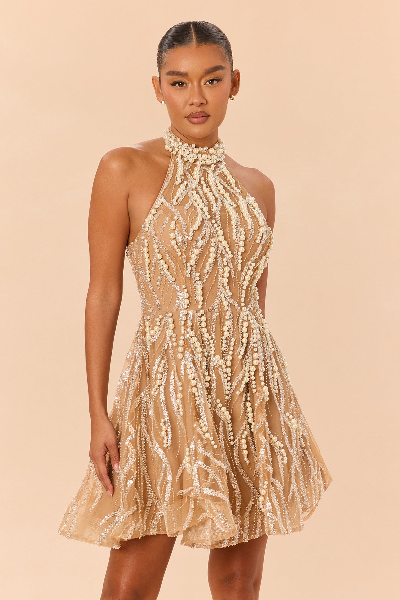Glam For The Night Embellished Mini Dress - Nude