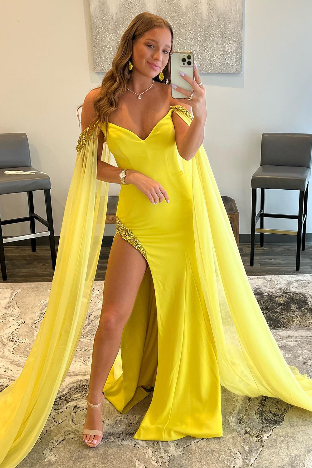 Yellow Long Prom Dress with Off-the-Shoulder A-Line and Slit