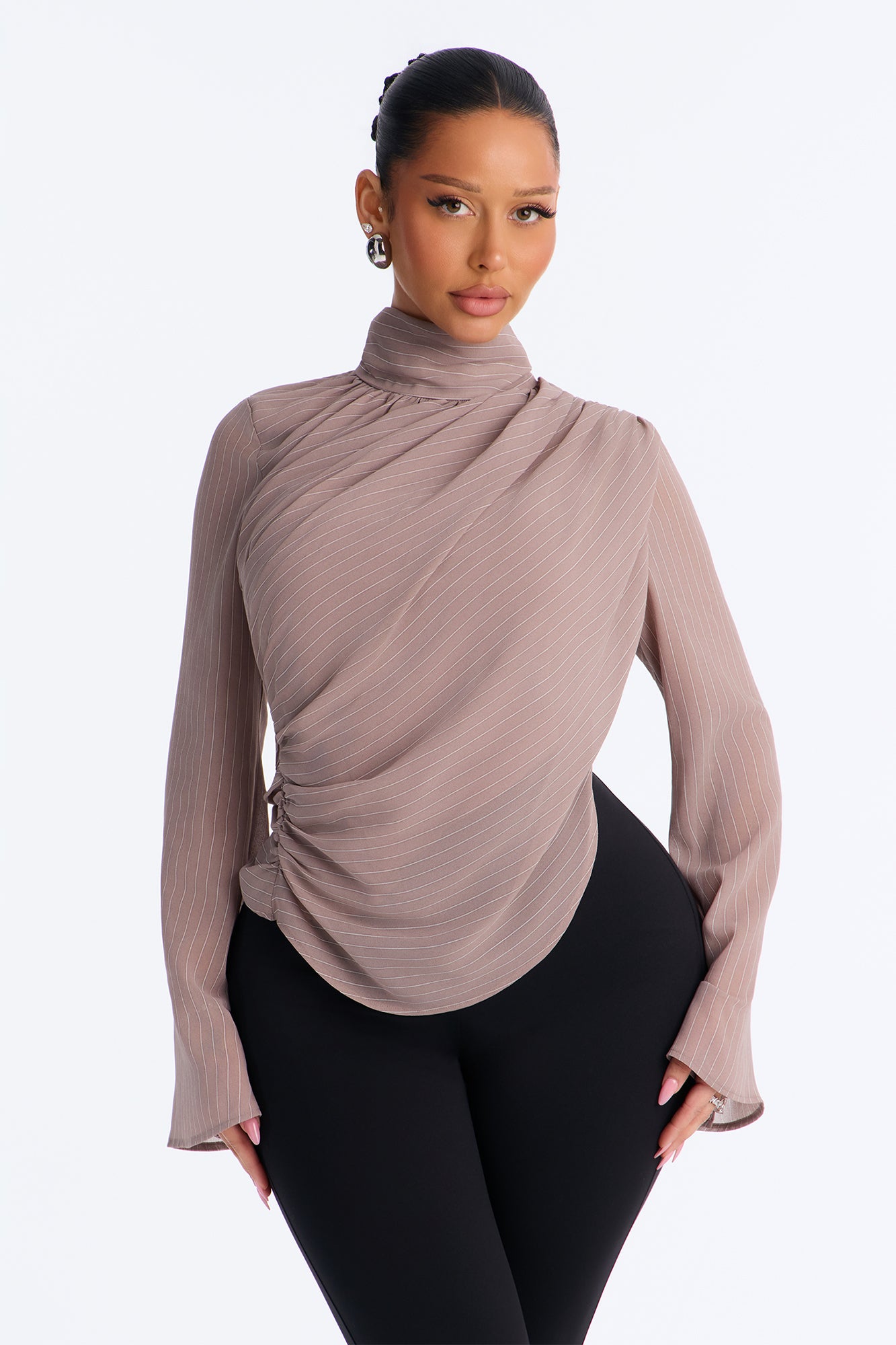 Controlled Desires Striped Long Sleeve Blouse - Taupe/combo