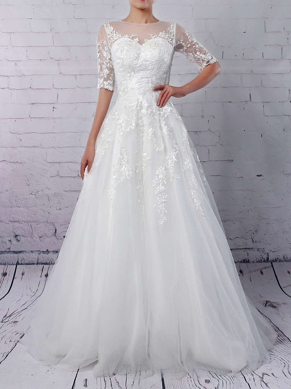 Stunning Half Sleeves Tulle Lace Ball Gown Wedding Dresses with Sweep Train
