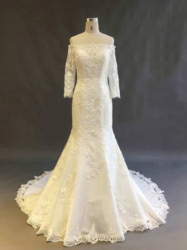 Charming Mermaid Off-The-Shoulder Long Sleeves Lace Court Train Wedding Dresses