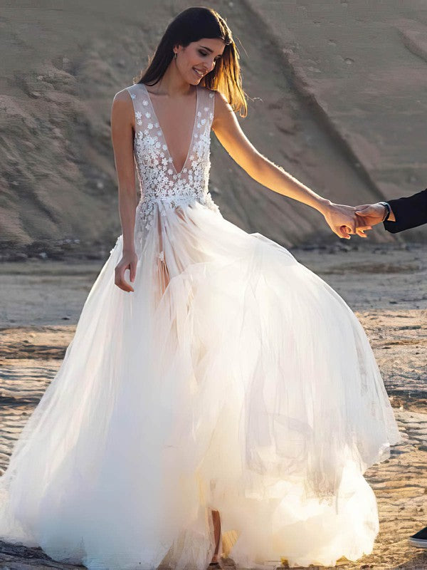 Charming V-Neck Backless Tulle Lace Sweep Train Wedding Dresses with Appliques