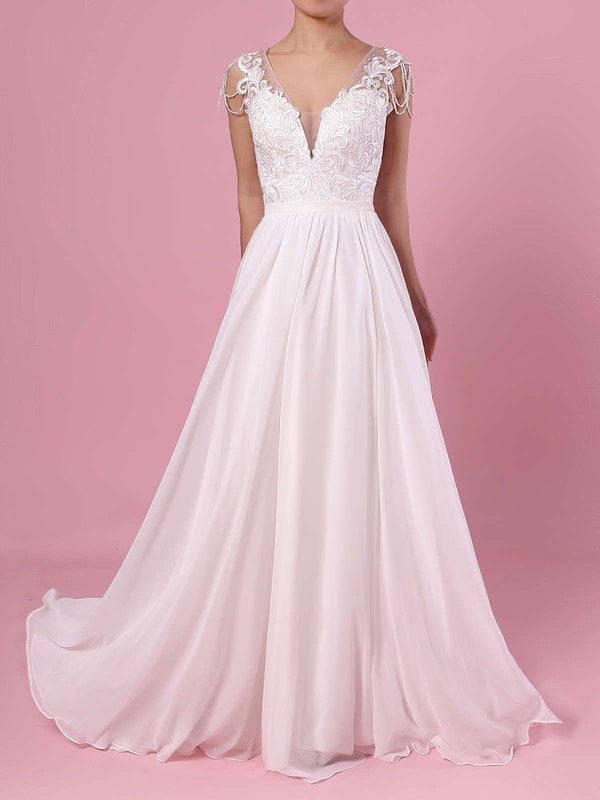 Fashionable A-Line V-Neck Chiffon Lace Backless Sweep Train Wedding Dresses