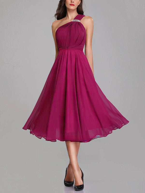 Deluxe A-Line One Shoulder Sleeveless Chiffon Tea-Length Bridesmaid Dresses