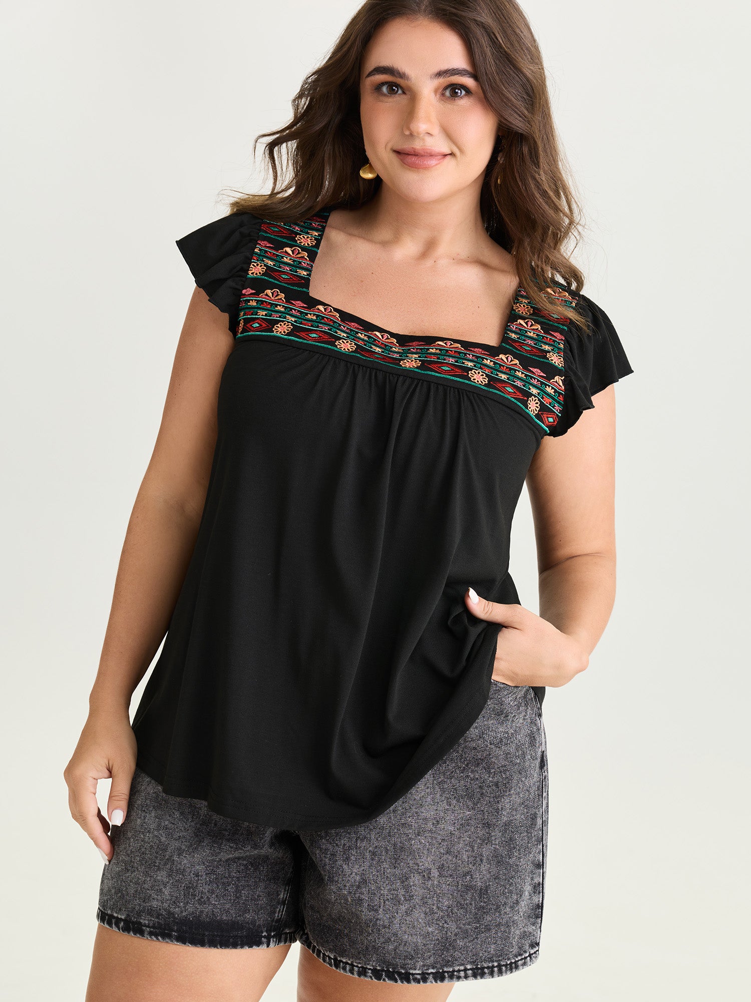 Floral Embroidered Neckline Knit Top