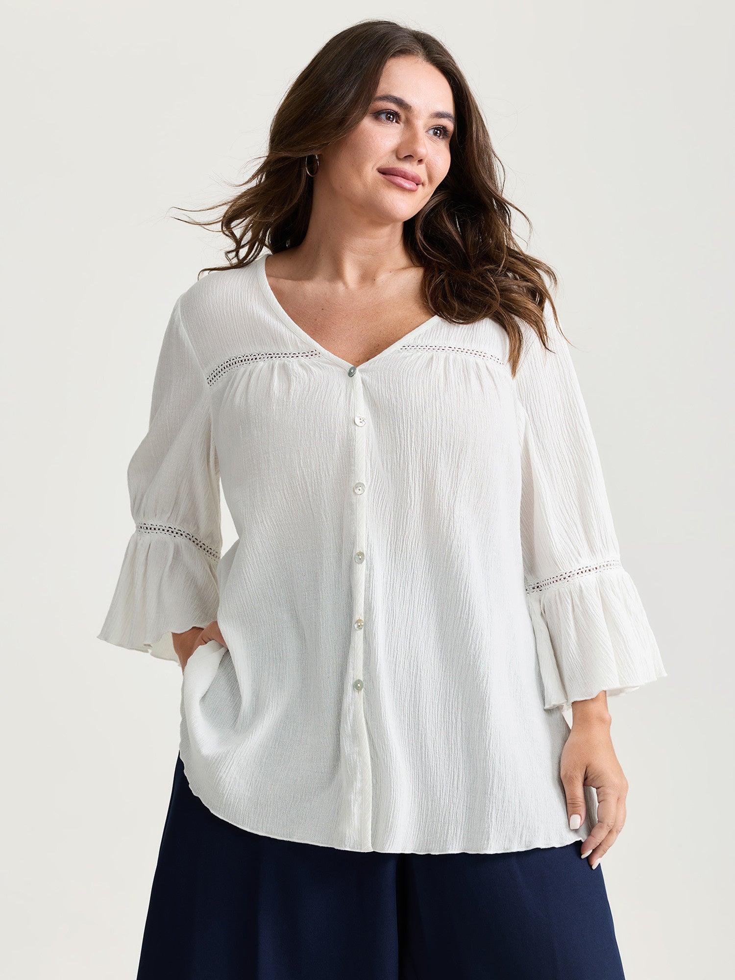 Pure Cotton Textured Lace Trim Button-Front Shirt