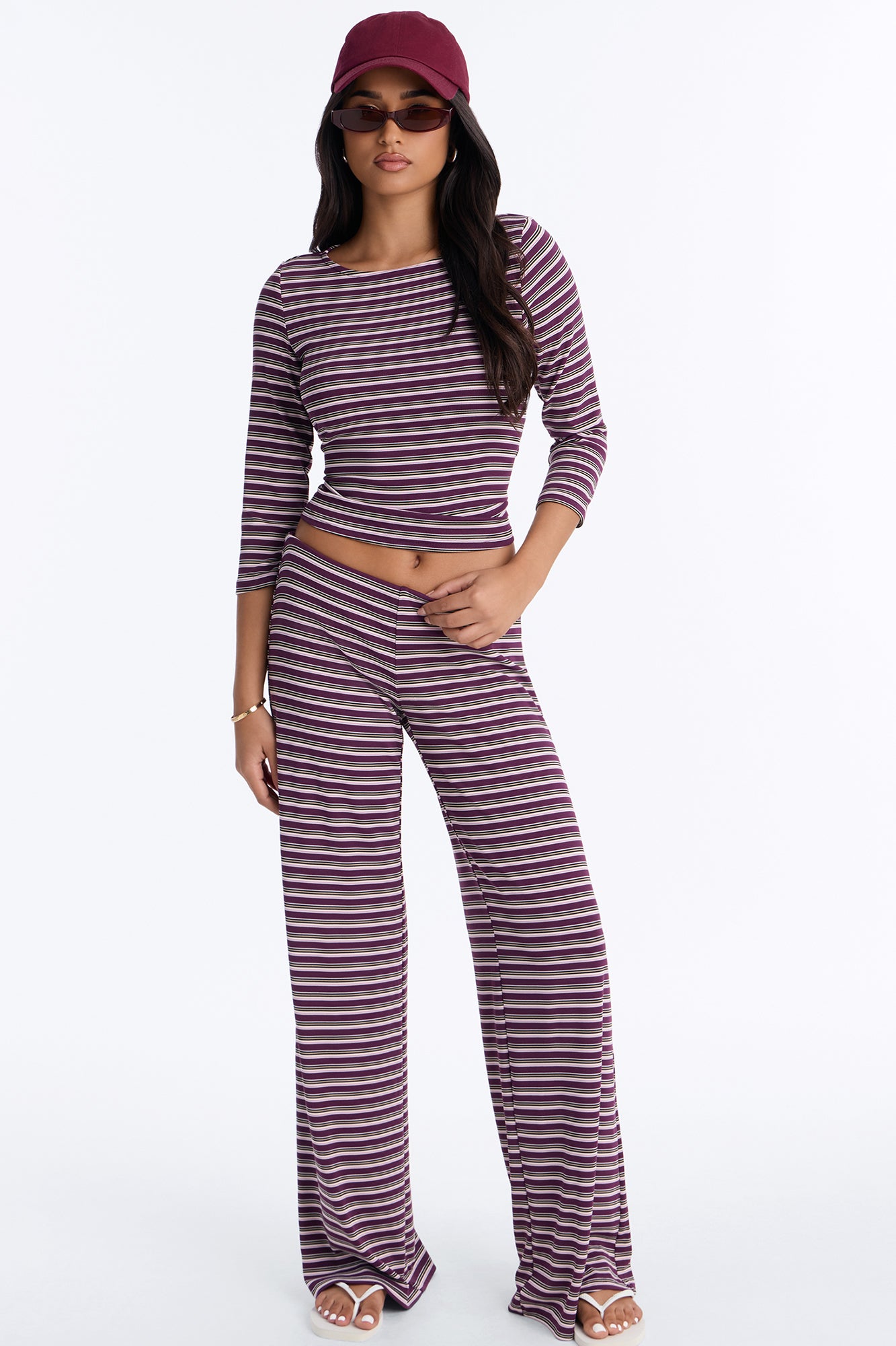 Ella Striped 3/4 Sleeve Pant Set - Burgundy/combo