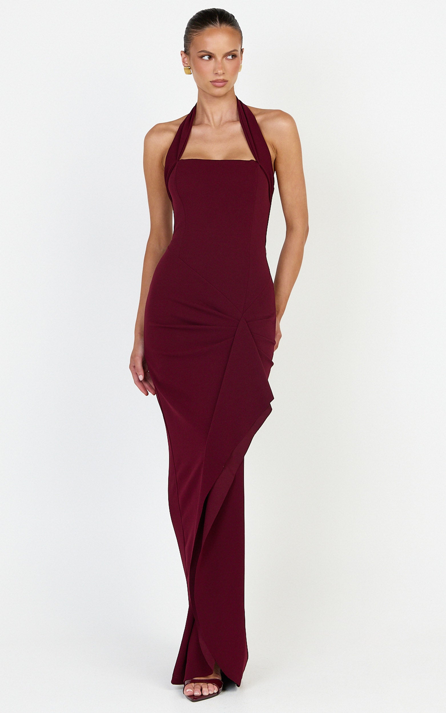 Lyra Maxi Dress - Halter Neck Waterfall Sash Dress in Wine