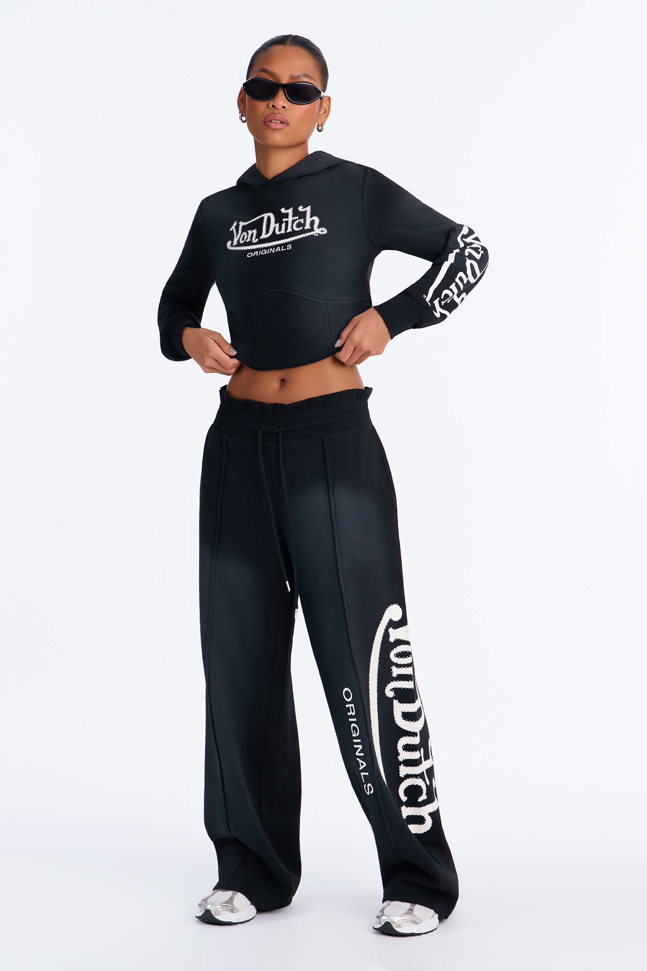 Von Dutch Black Studded Washed Wide Leg Sweatpants - Black