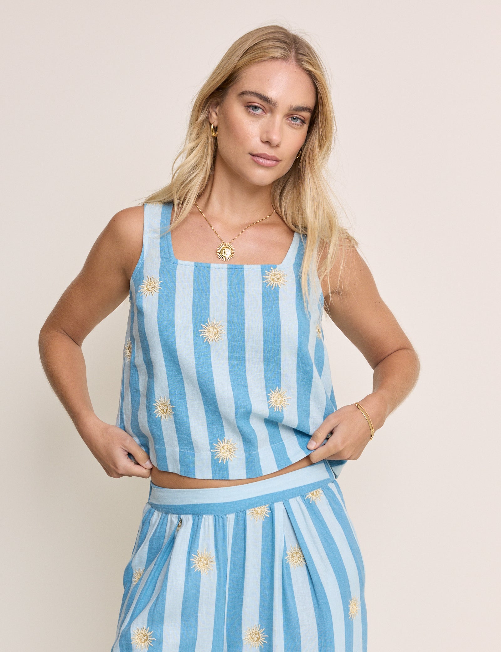 Blue Striped Embroidered Linen-Rich Top