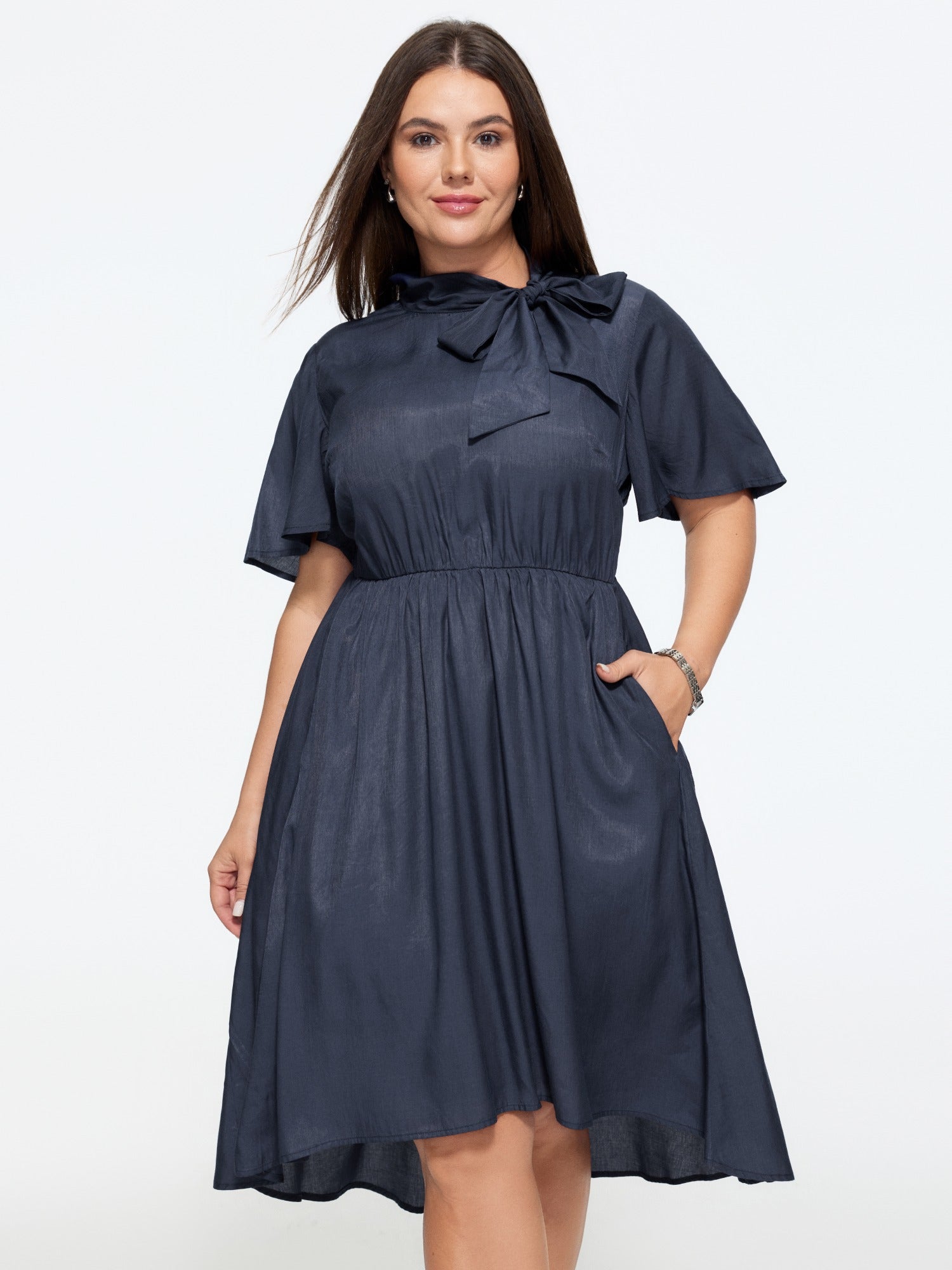 Bow Neck Flutter Sleeve Pocket Mini Dress