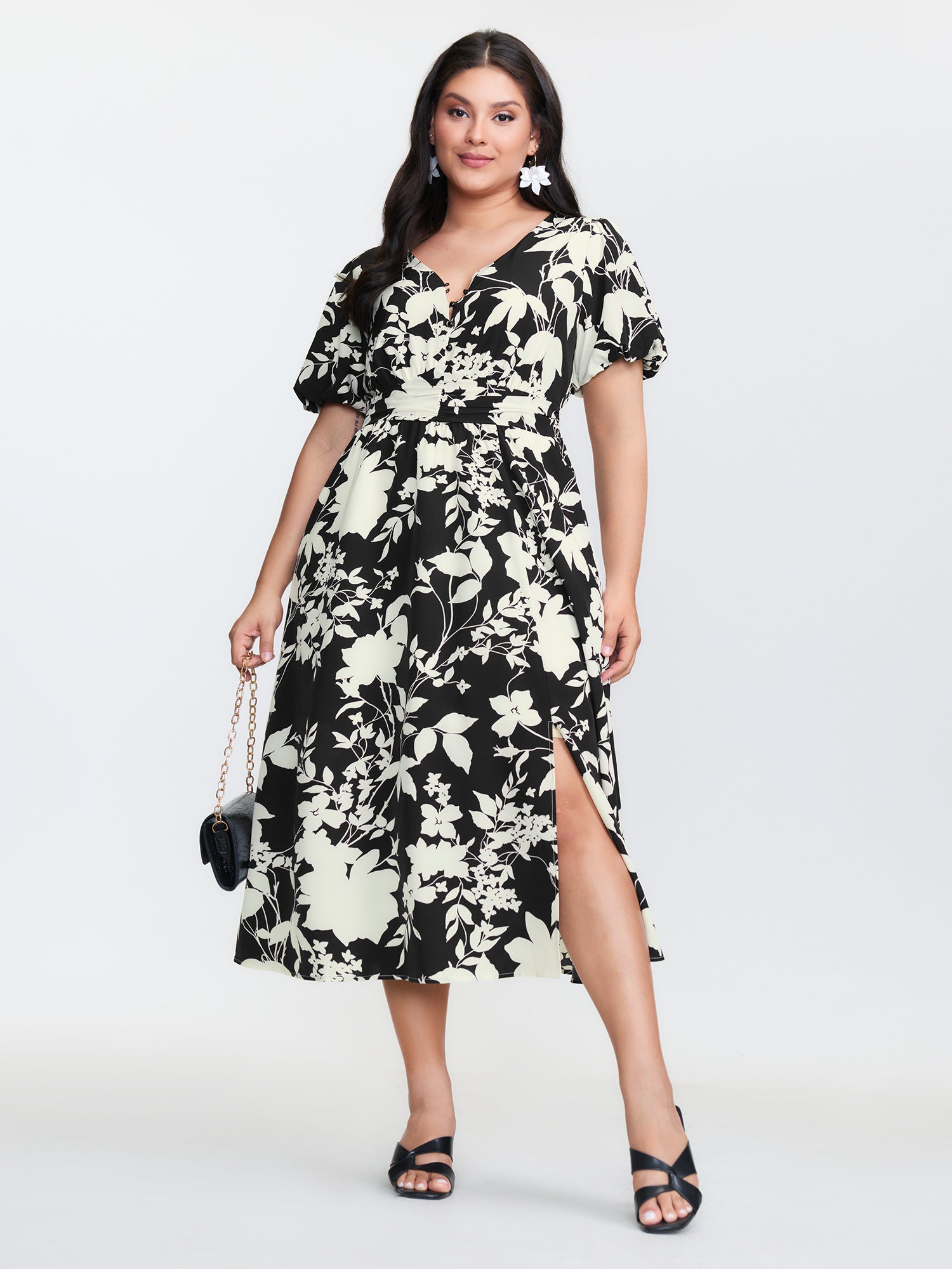 Silhouette Flower Print Pockets Adjustable Midi Dress