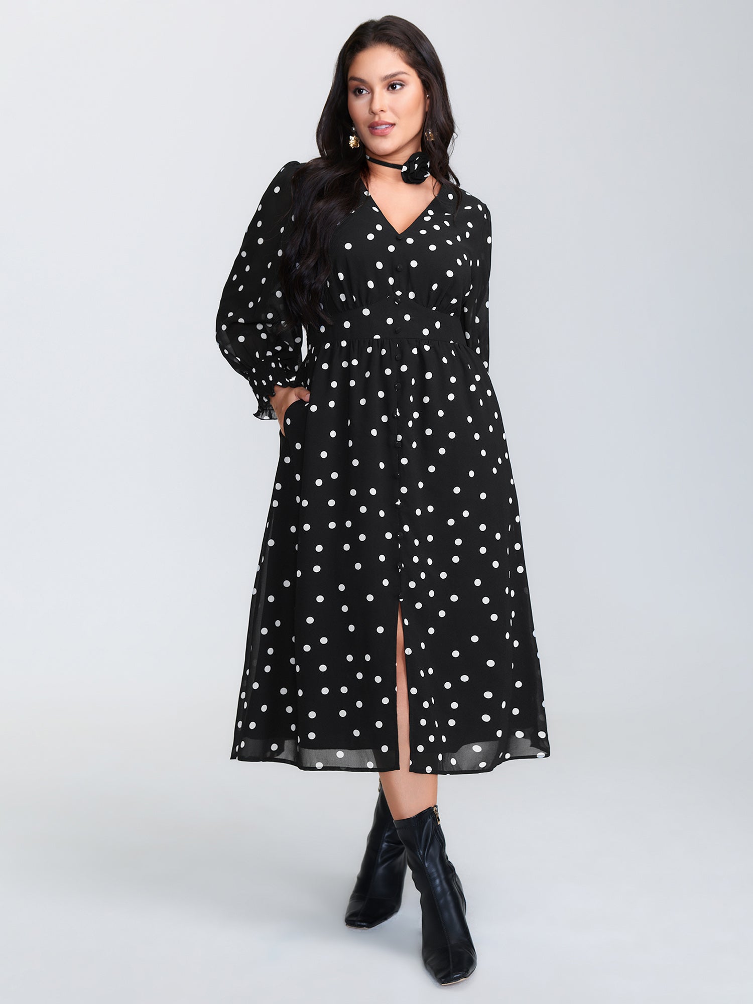 Vintage Polka Dots Puffy Sleeve Midi Dress