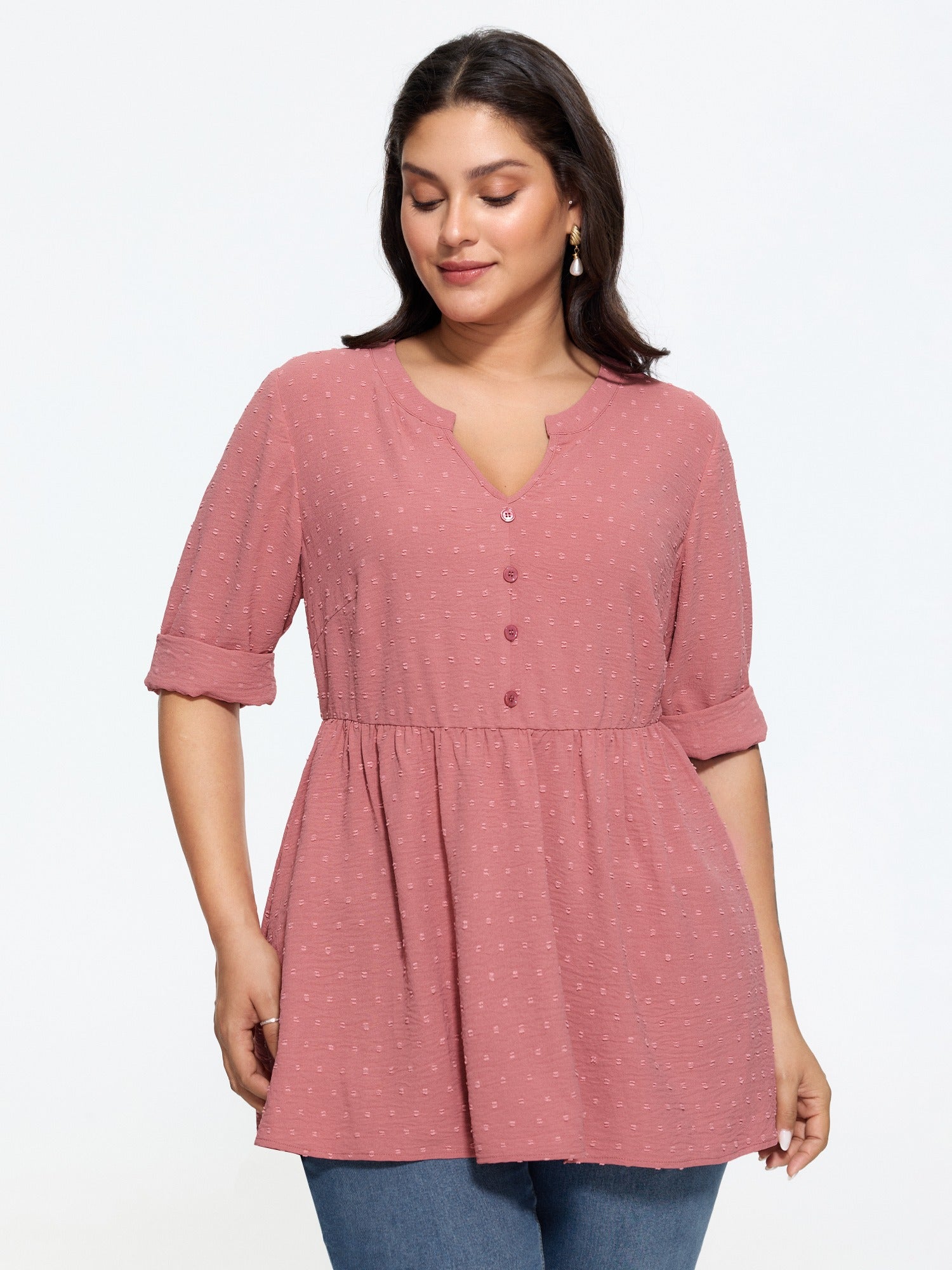 Textured Notch V‑Neck Peplum Tunic Blouse