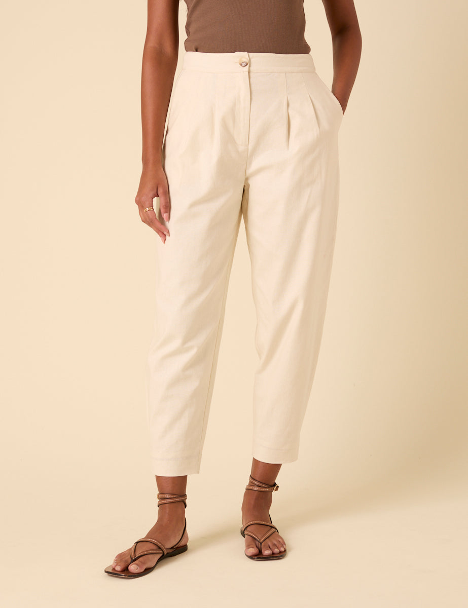 Cream Linen-Rich Barrel Leg Trousers