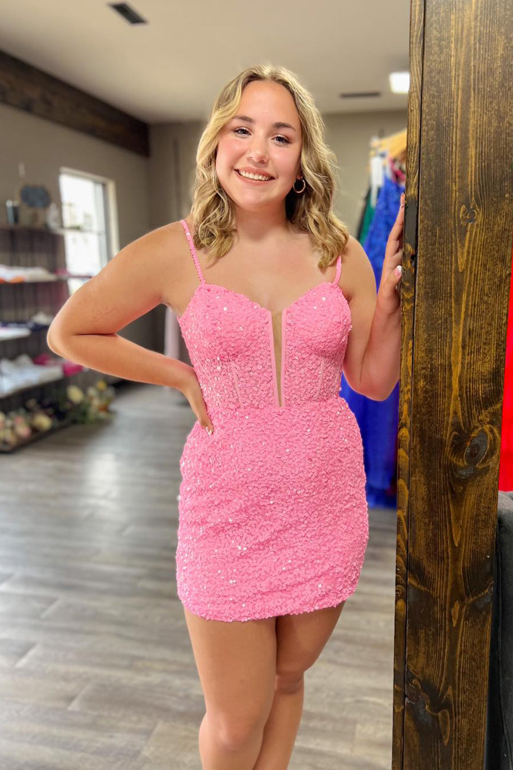 Sparkly Pink Sequins Corset Tight Short Homecoming Dress/Mini Dress