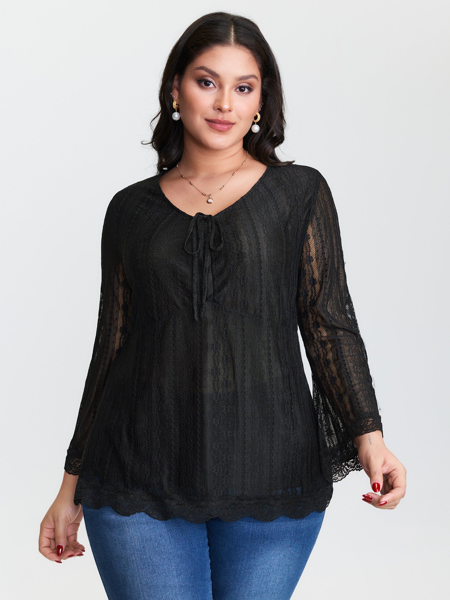 Lace Ruched Drawstring Neckline Knit Top