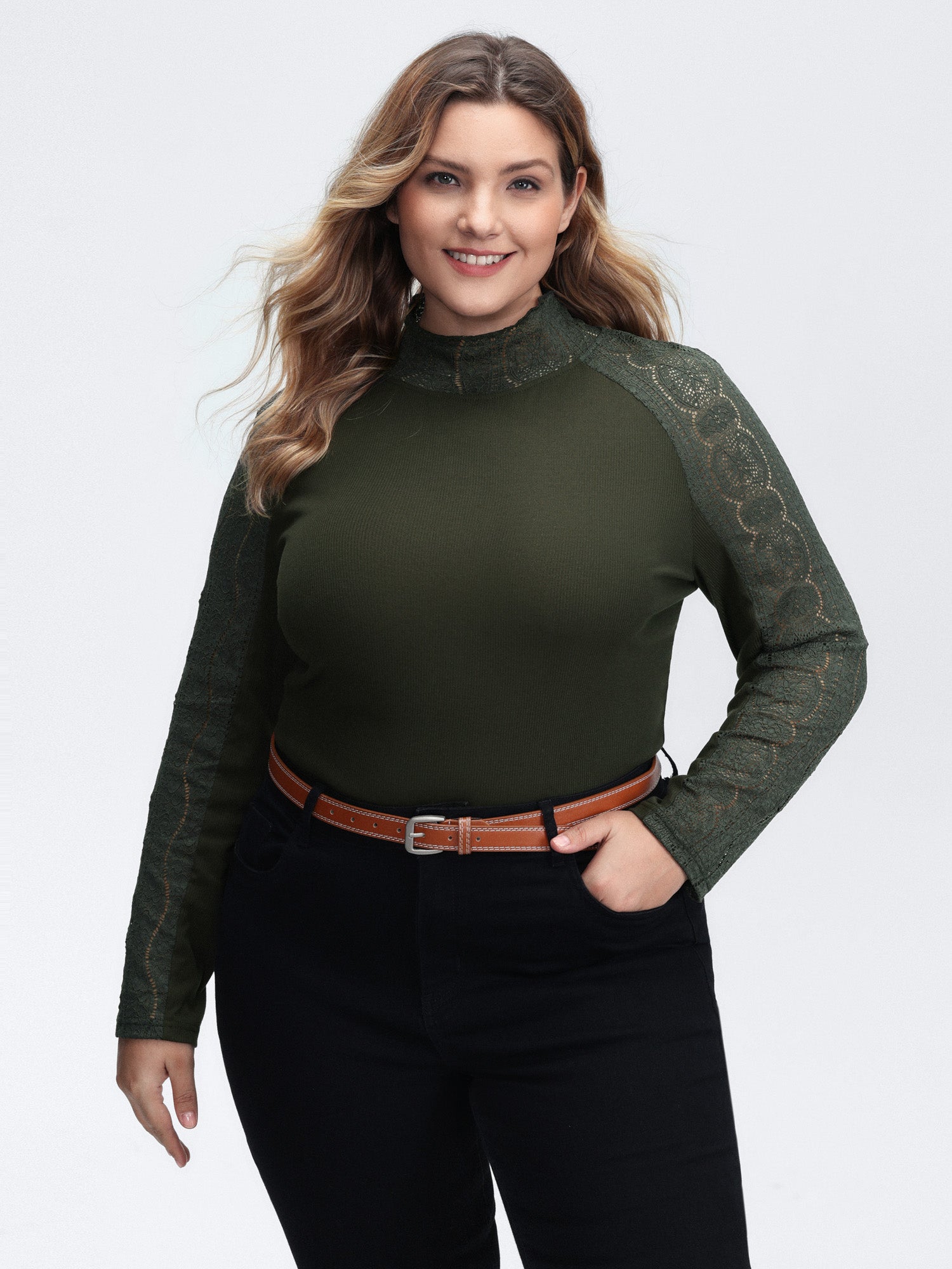 Mock Neck Lace Splicing Ribbed Texture T-Shirt