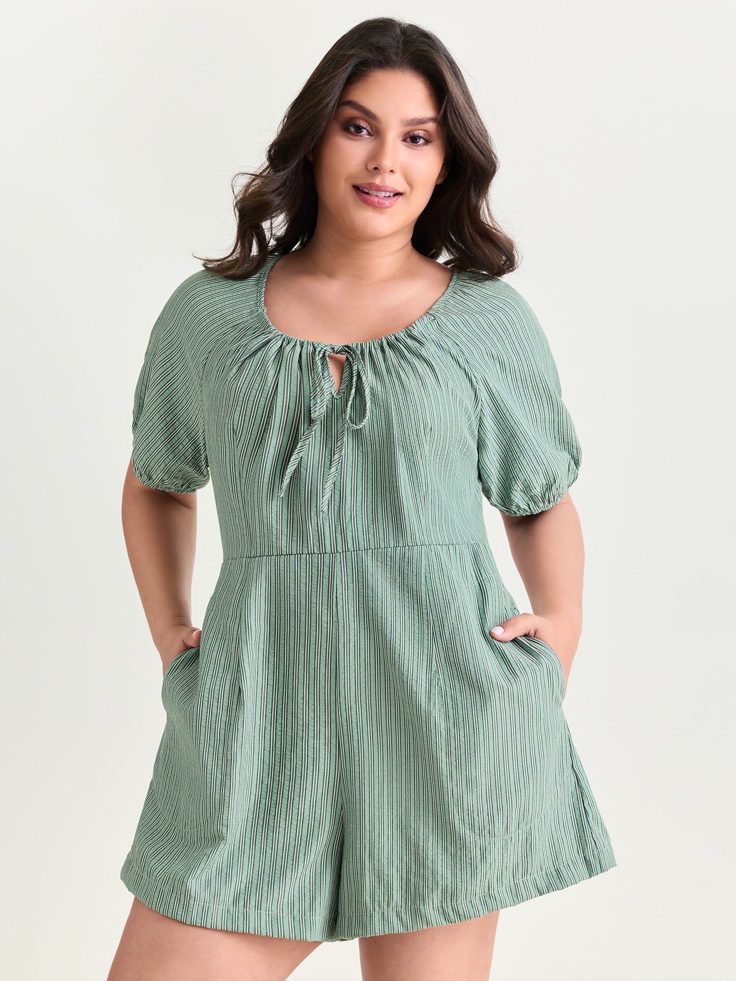 Striped Textured Drawstring Neckline Romper