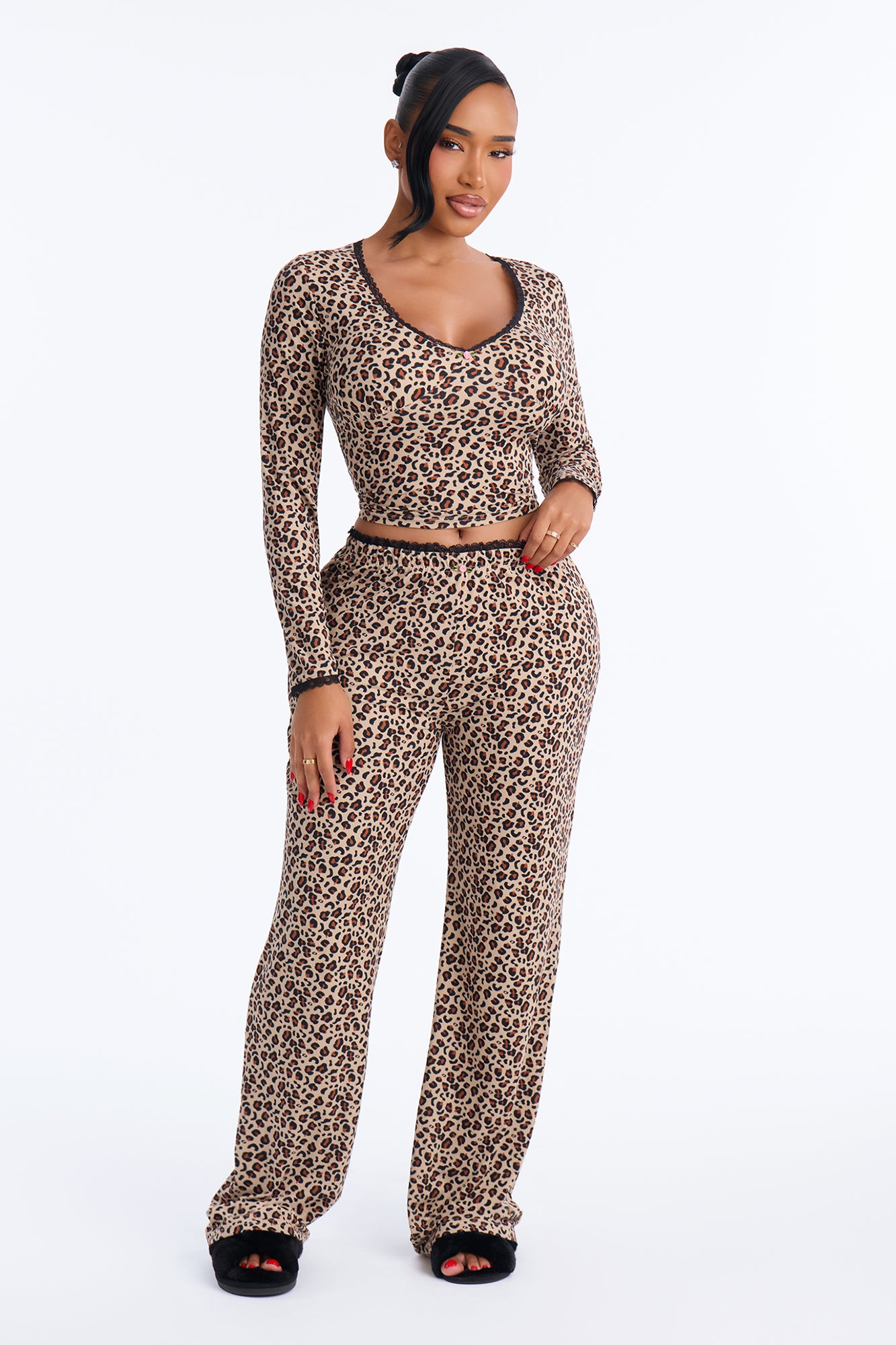 Through The Night Leopard Print Wide Leg PJ Pant Set - Taupe/combo