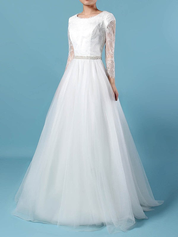 Gorgeous Crew Long Sleeves Lace Tulle Ball Gown Wedding Dresses with Sash