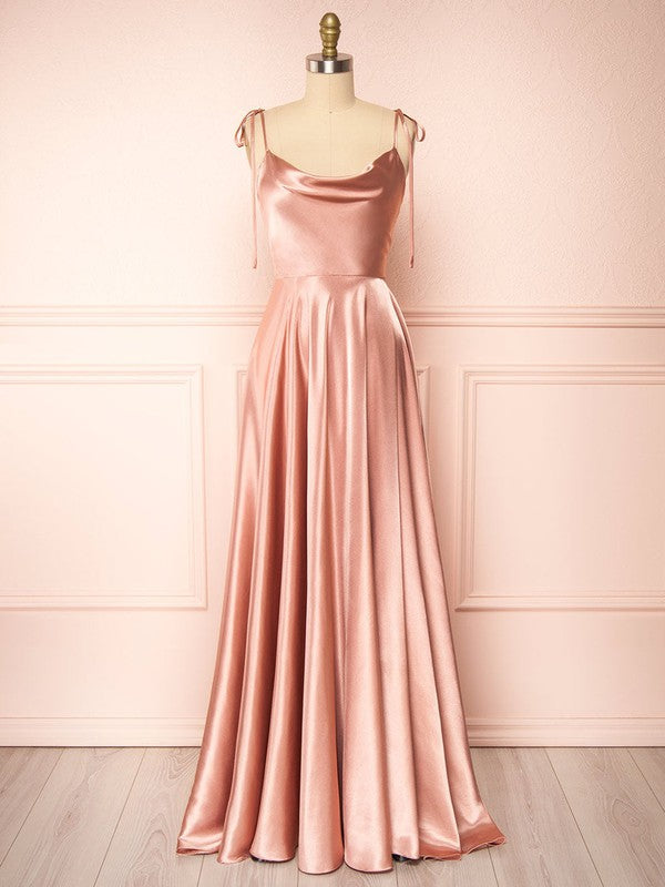 Gorgeous Sweep Train A-Line Cowl Neck Spaghetti Straps Satin Bridesmaid Dresses with Ruffles