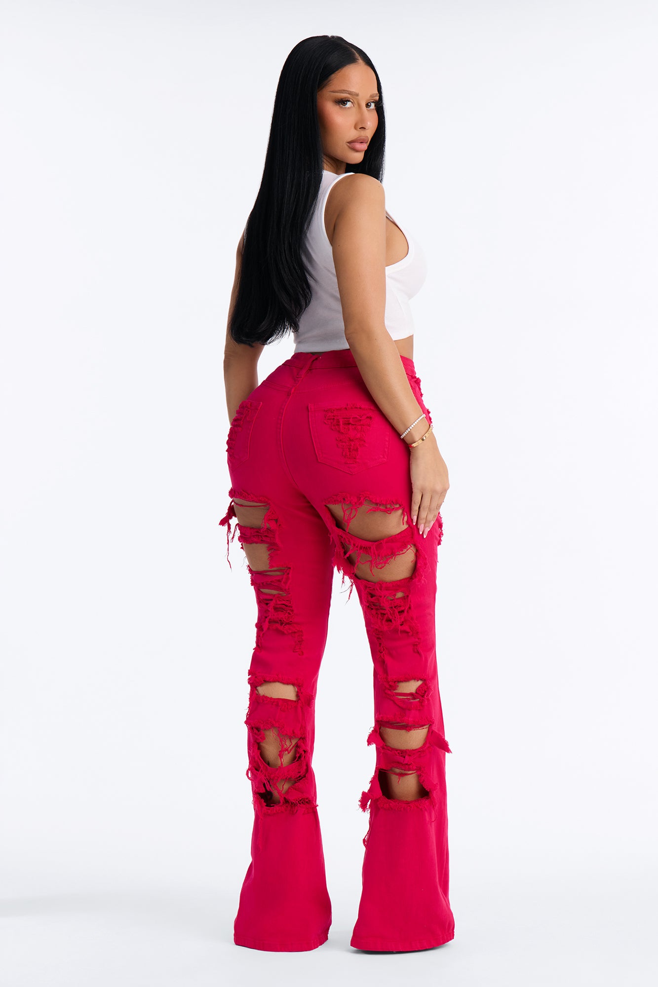 End Of Summer Ripped High Rise Flare Leg Jeans - Fuchsia