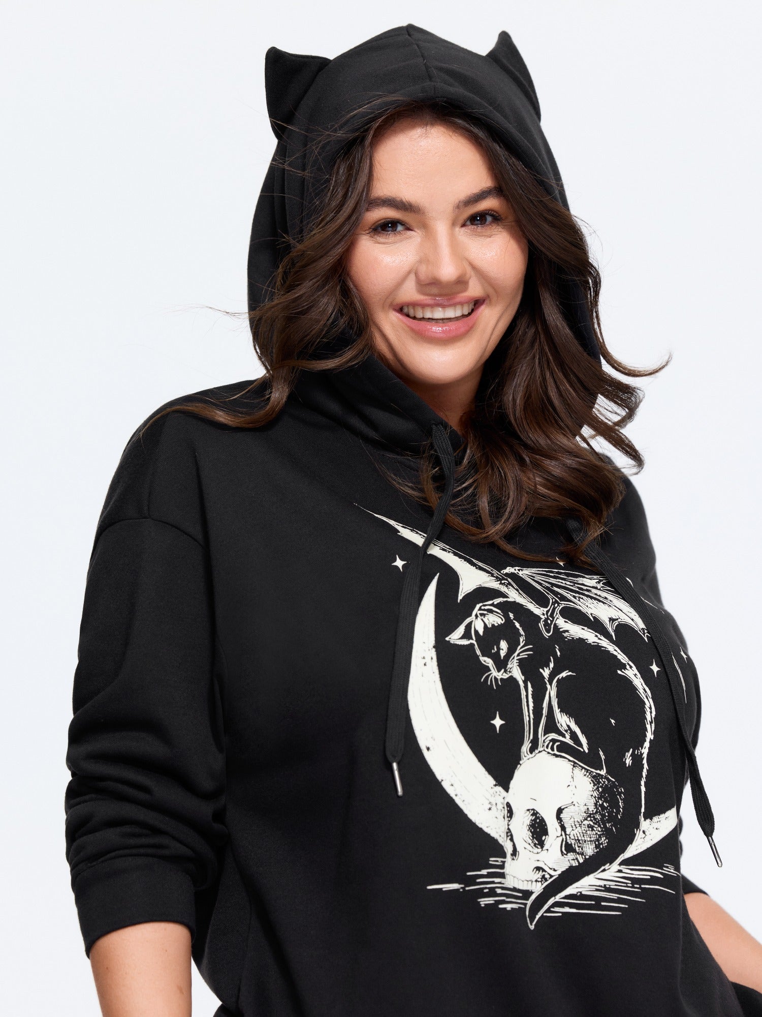 Skull Bat Print Cat‑Ear Hoodie Sweatshirt