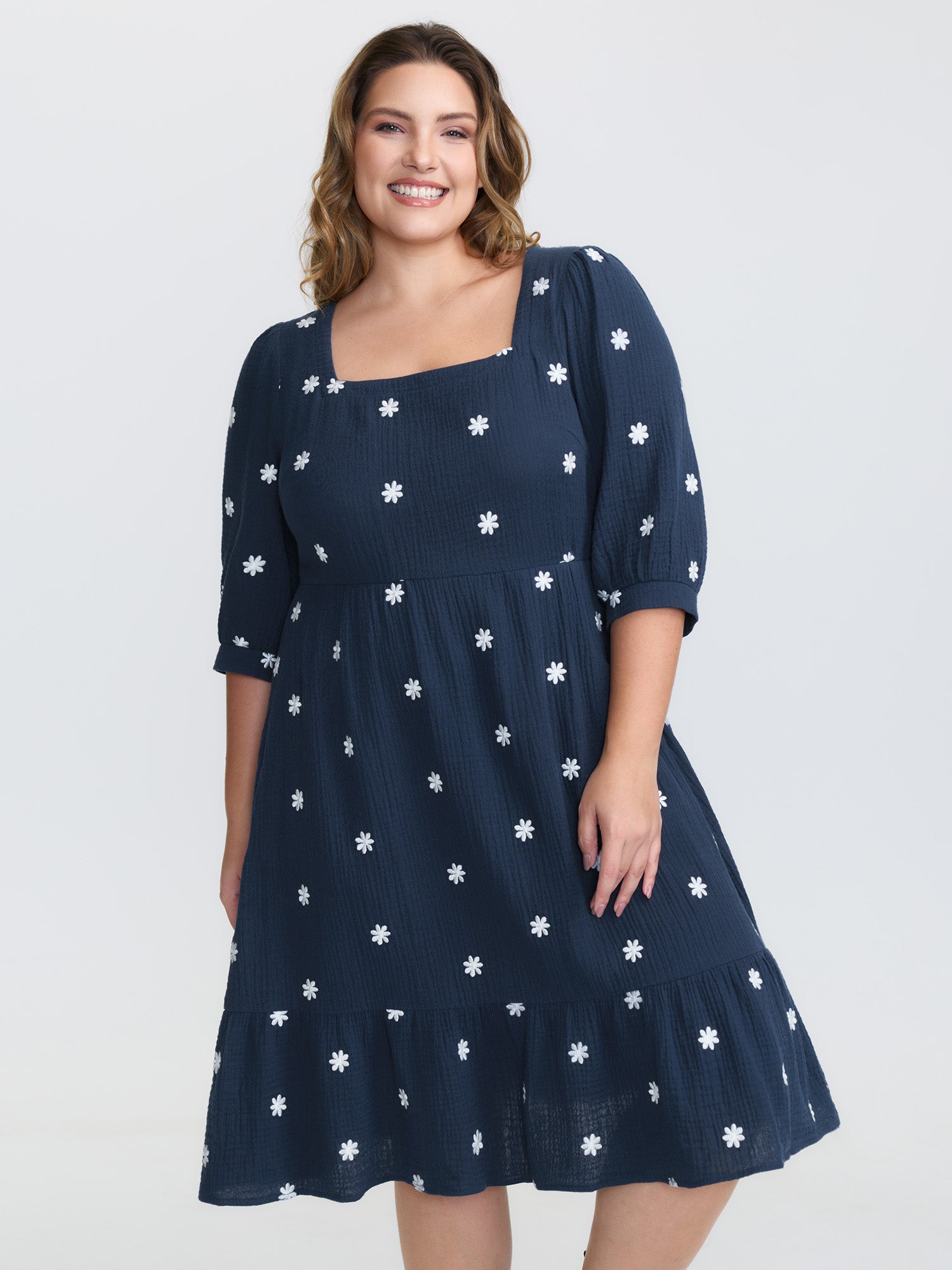 Pure Cotton Embroidered Square Neck Midi Dress