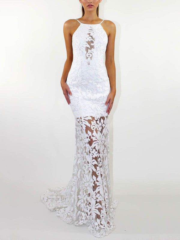 Glamorous Halter Backless Mermaid Lace Sweep Train Wedding Dresses