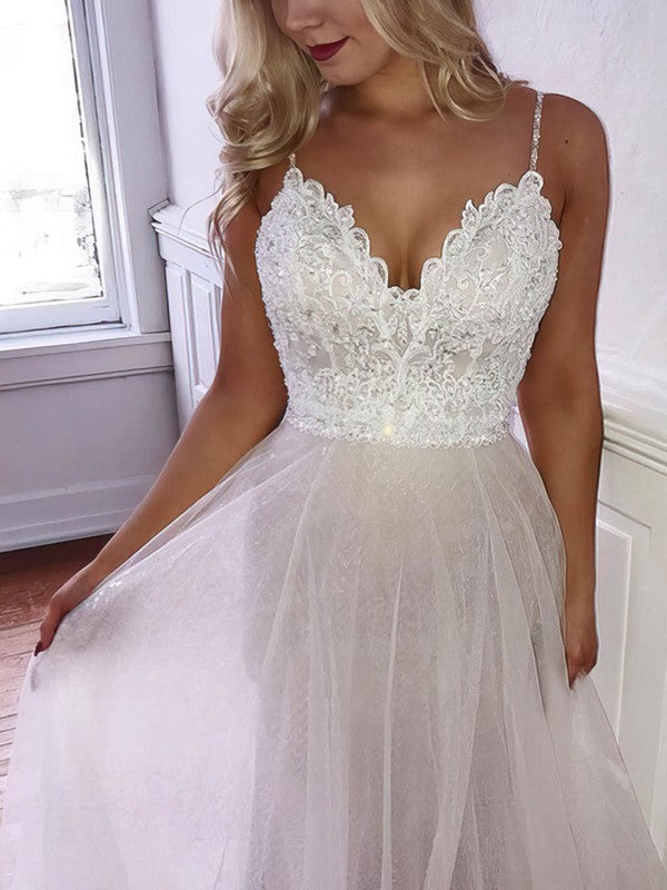 Glamorous A-Line Spaghetti Straps V-Neck Sleeveless Tulle Sweep Train Wedding Dresses