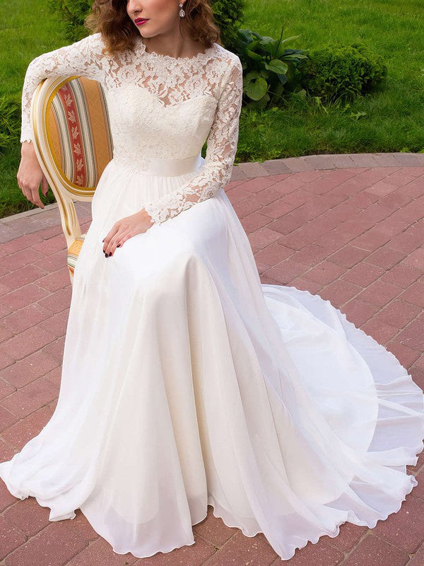 Beautiful A-Line Jewel Neck Long Sleeves Lace Chiffon Wedding Dresses with Sash