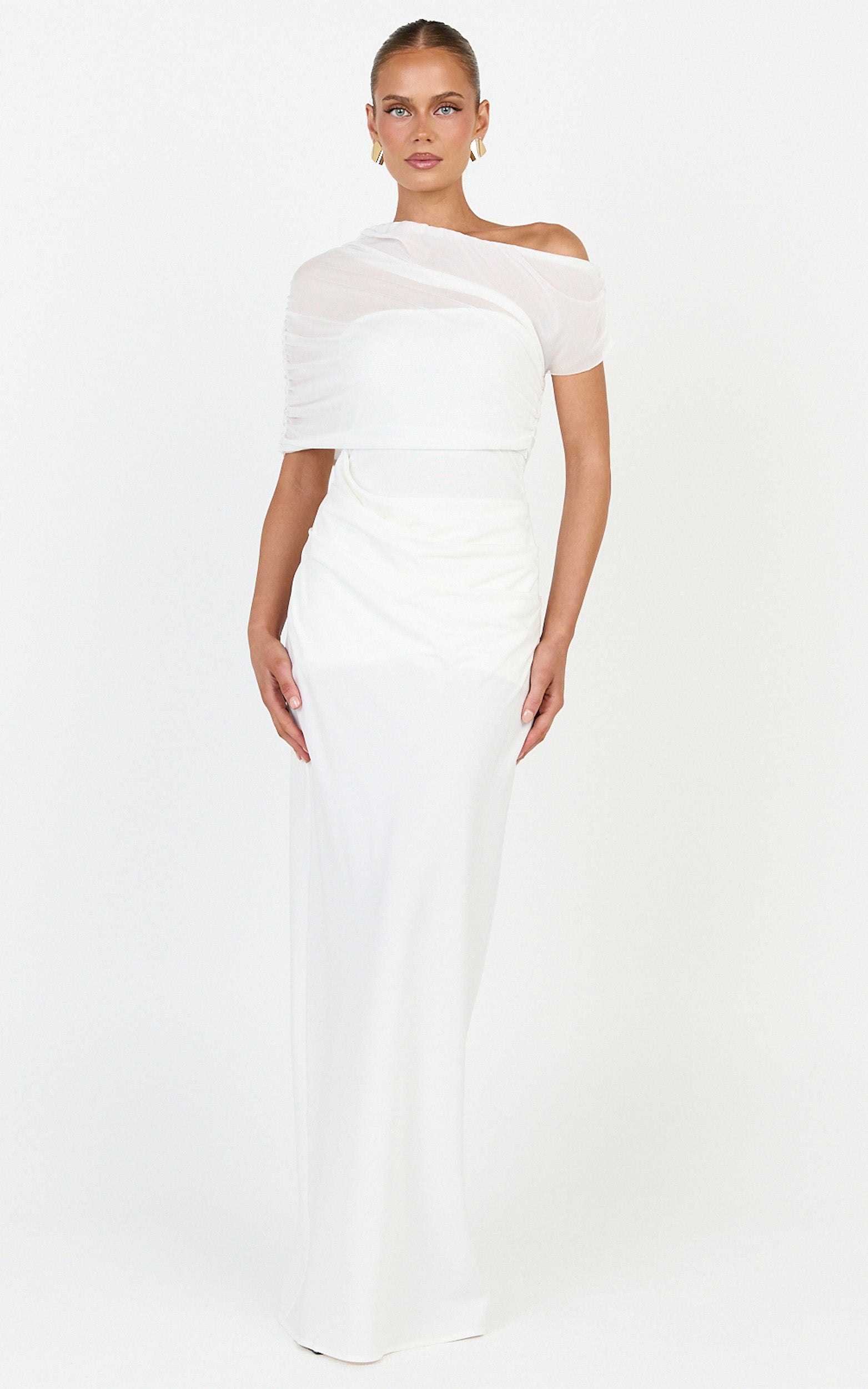 Nami Maxi Dress - Overlay Off Shoulder Draped Cowl Waist Dress in White