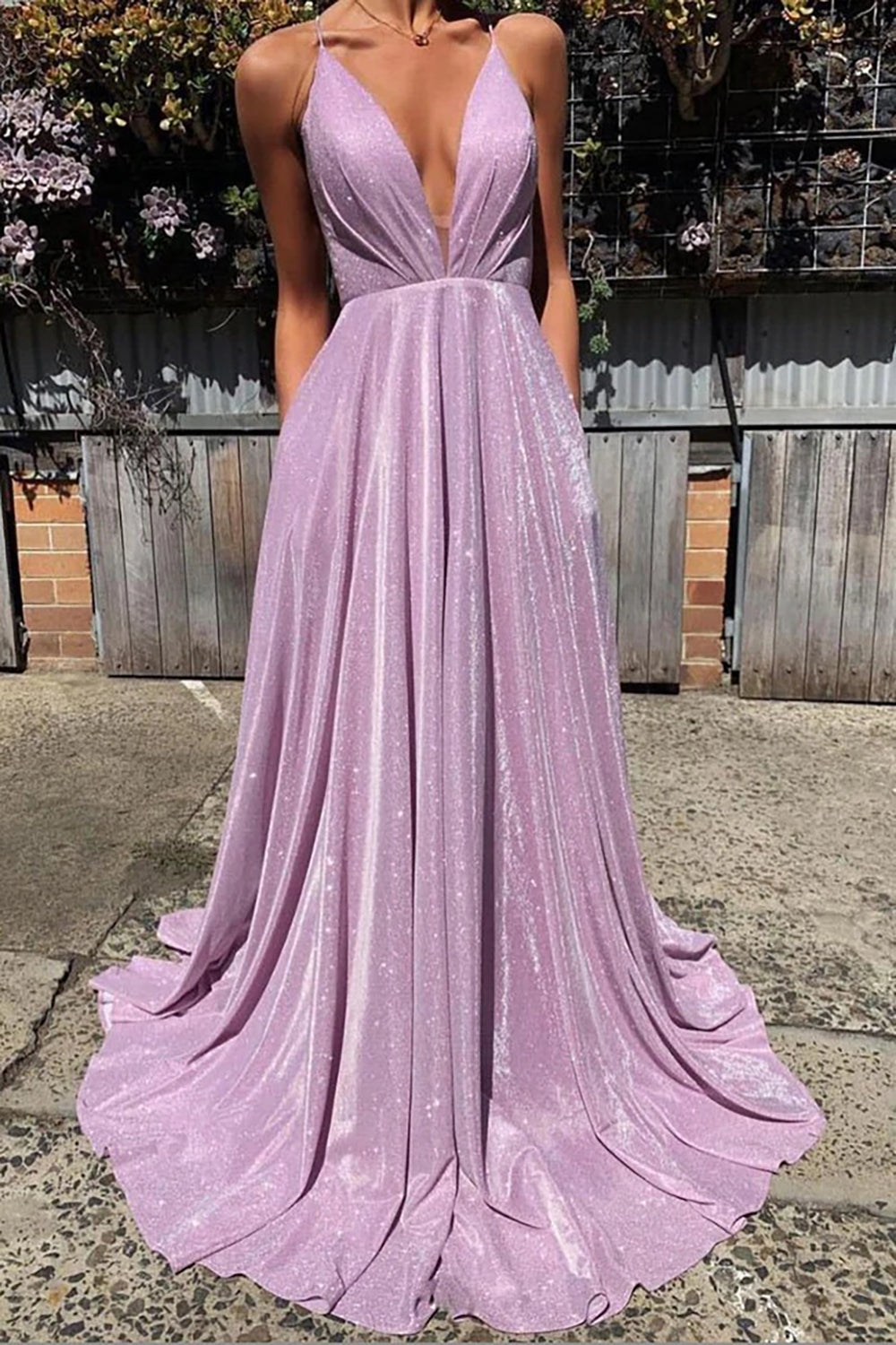 Sparkly Prom Dress with a V-neck in Purple