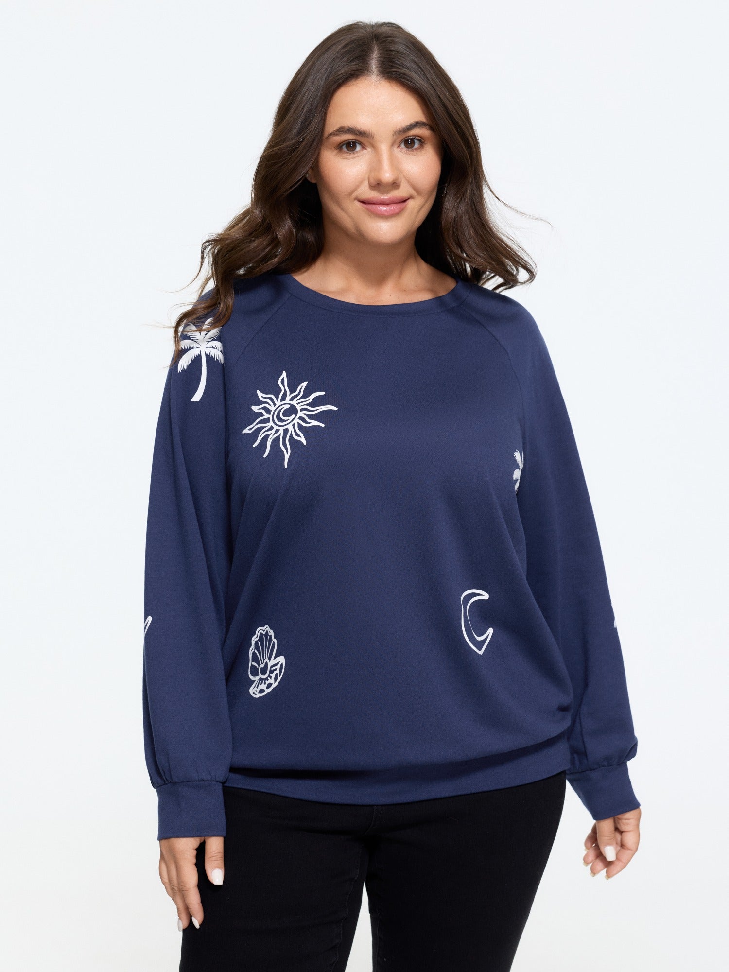 Sun Moon Coconut Tree Print Raglan Sleeve Sweatshirt