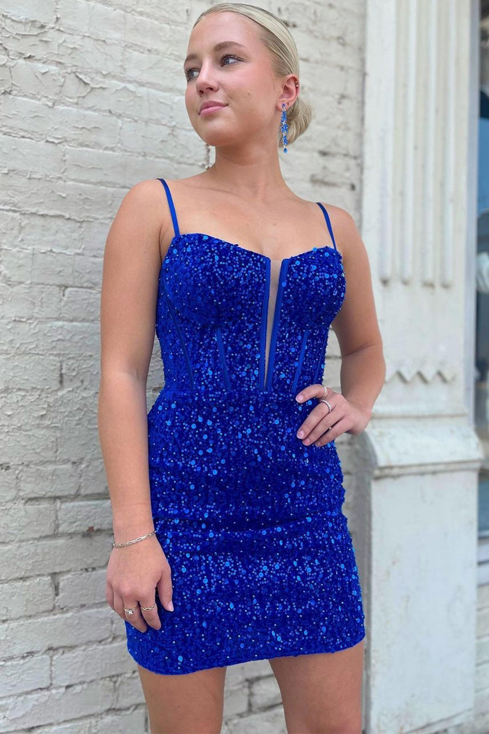 Sparkly Royal Blue Corset Sequined Tight Short Homecoming Dress/Mini Dress