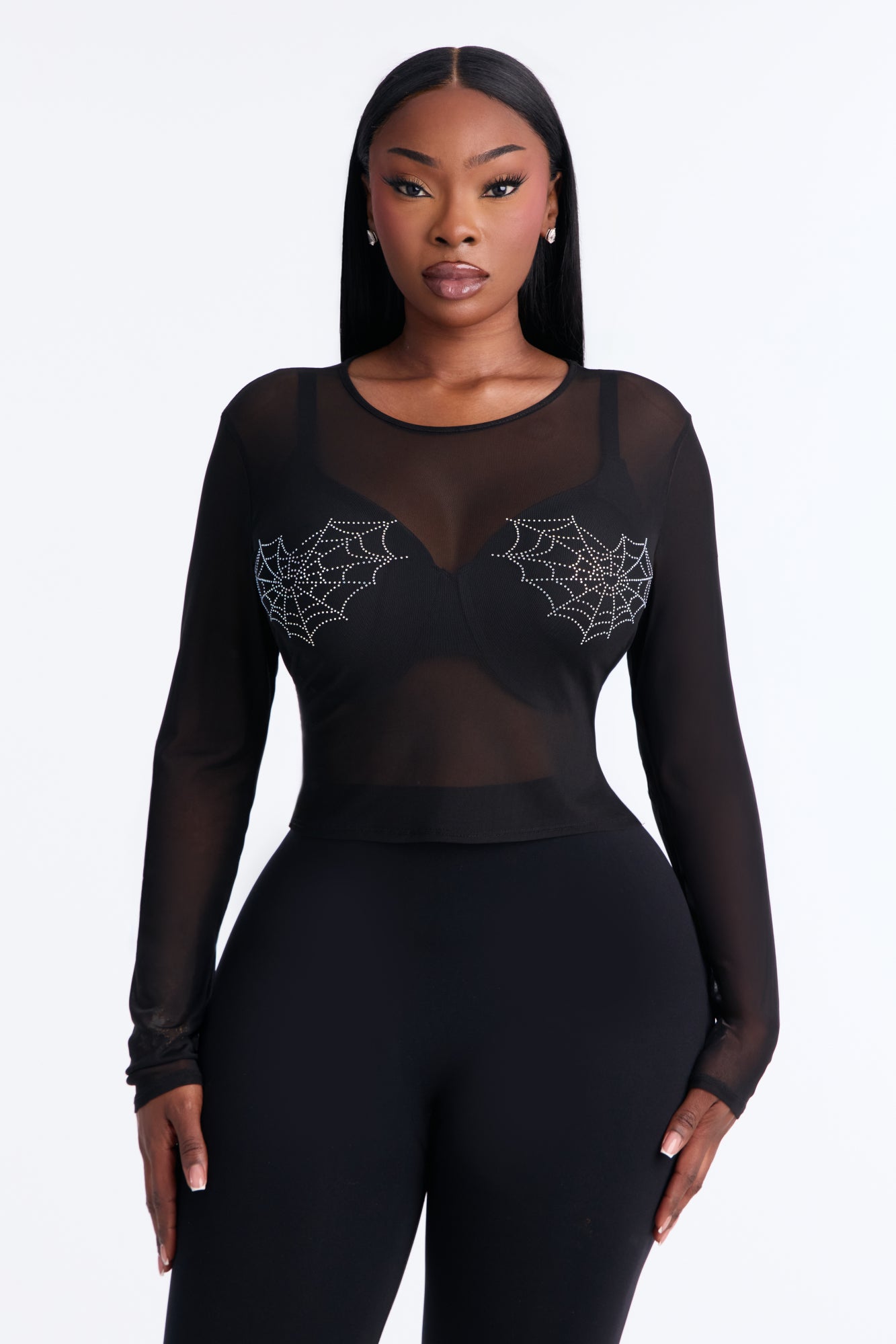 Webbed Heart Mesh Long Sleeve Top - Black