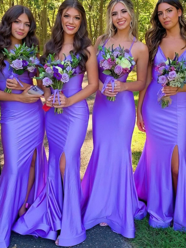 Charming Floor-Length V-Neck Sleeveless Mermaid Satin Bridesmaid Dresses with Split