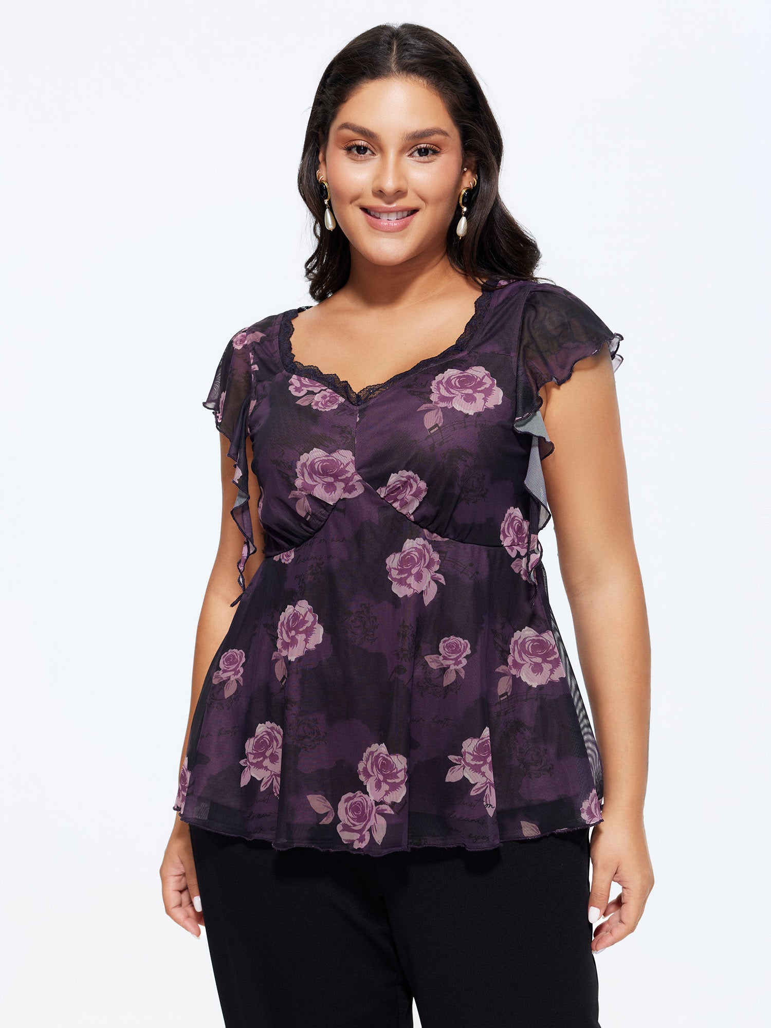 Lace Trim Floral Print Knit Top