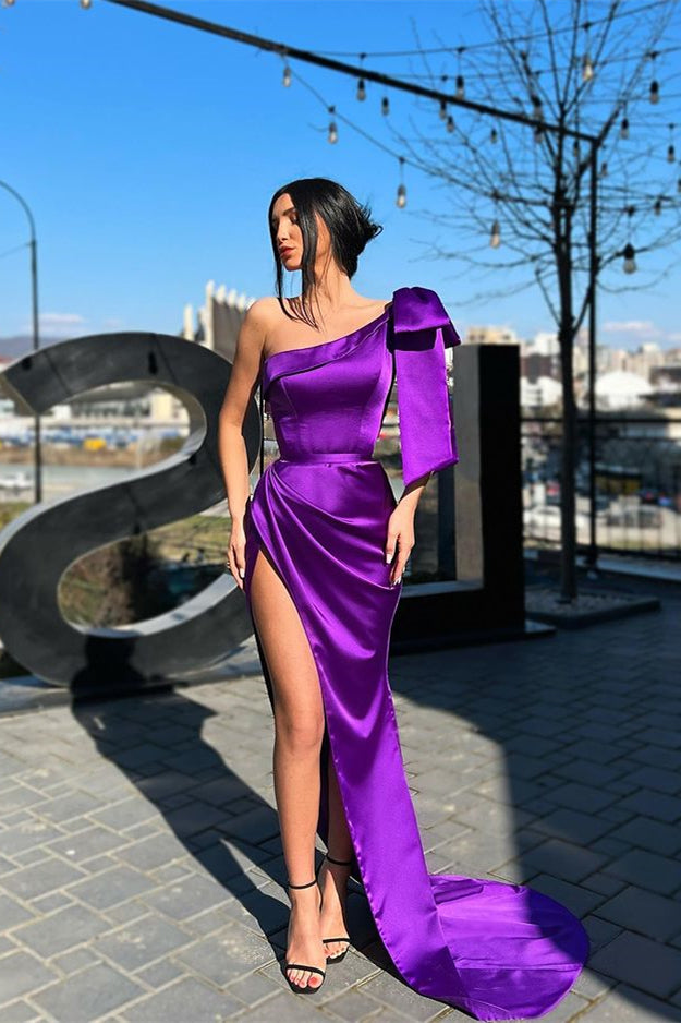 Purple Mermaid One-Shoulder Long Evening Dress With Split