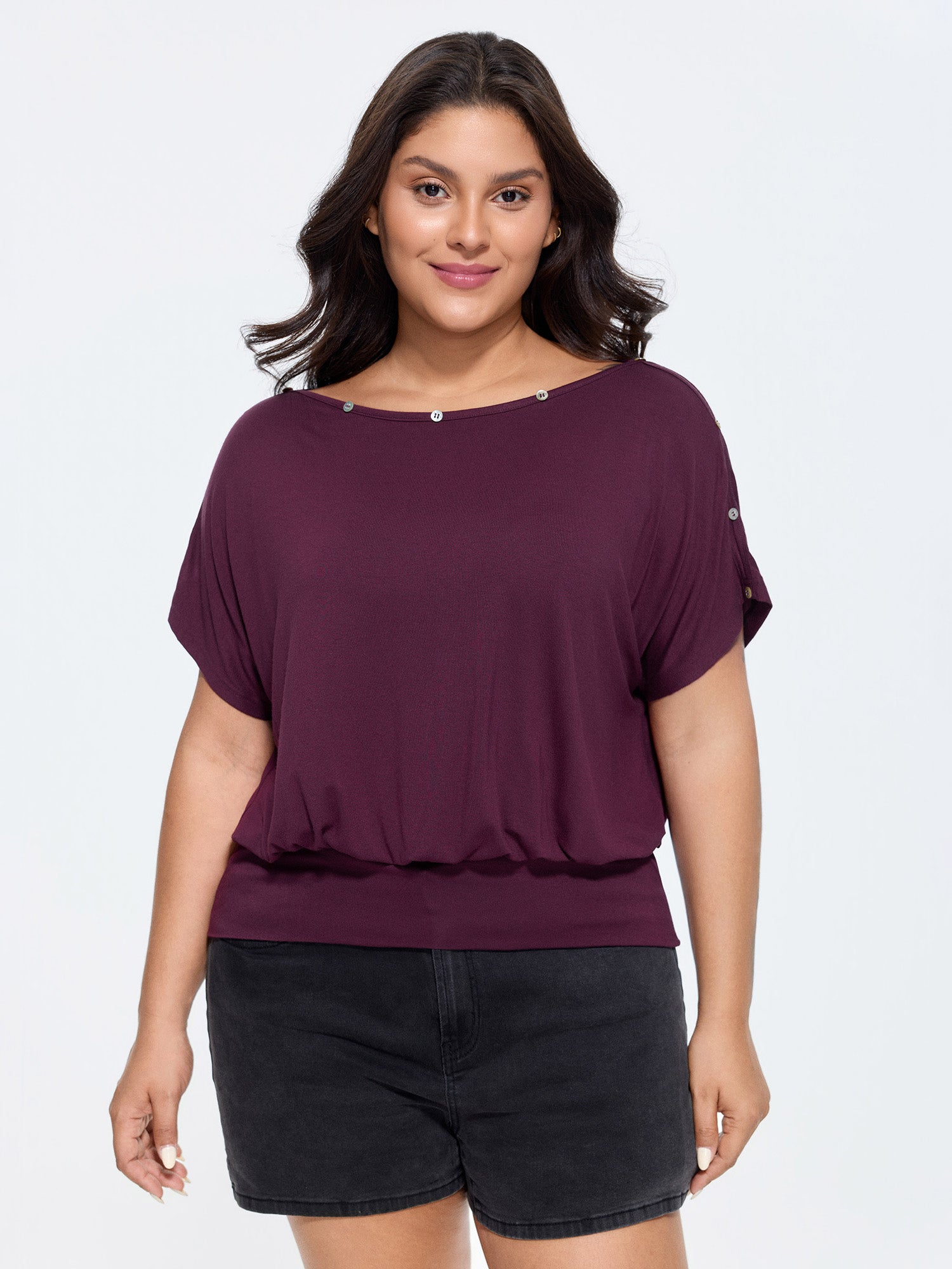 Supersoft Stretchy Button Off-Shoulder Plain T-Shirt