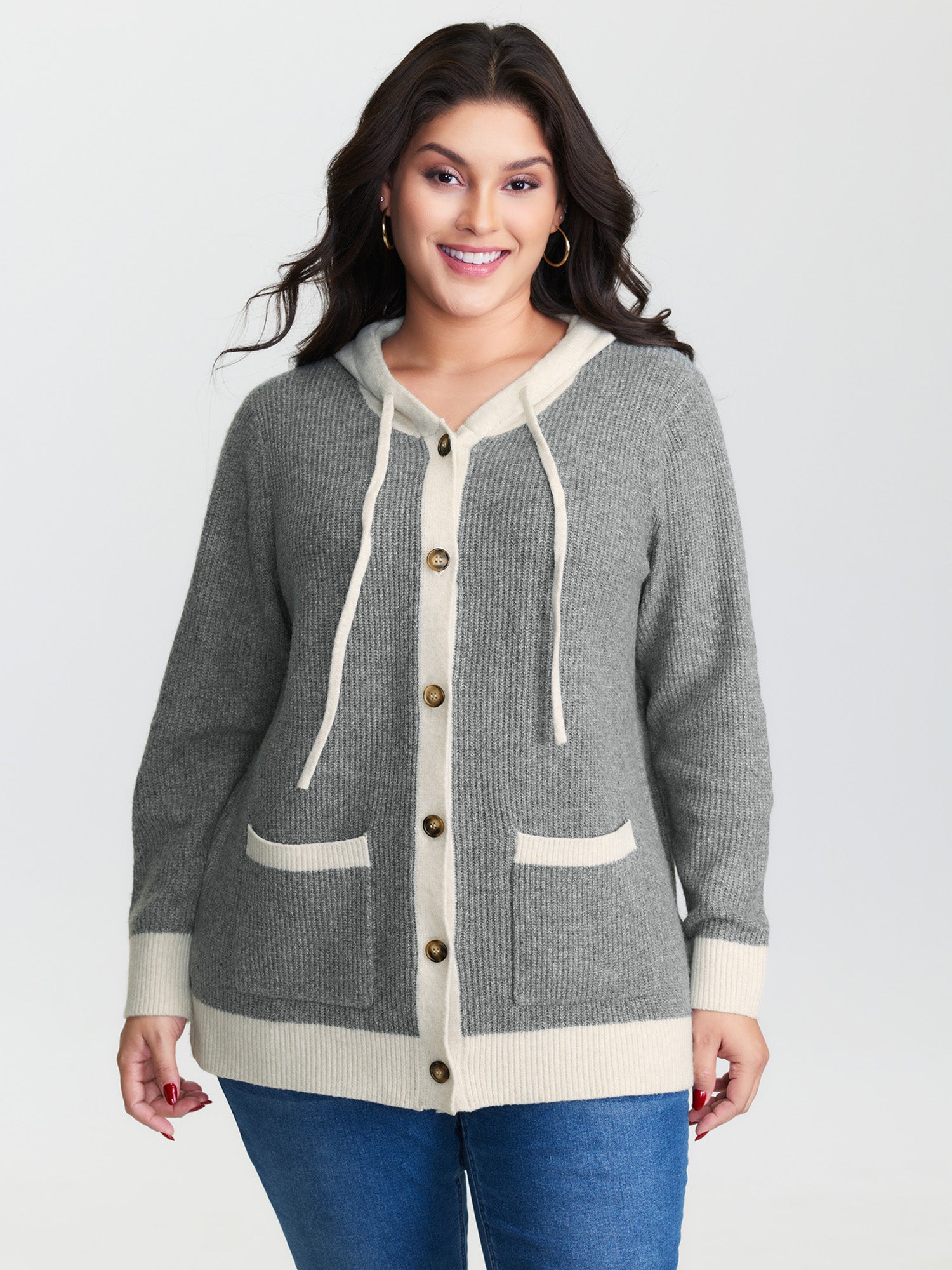 Hooded Colorblock Pockets Button Knit Cardigan