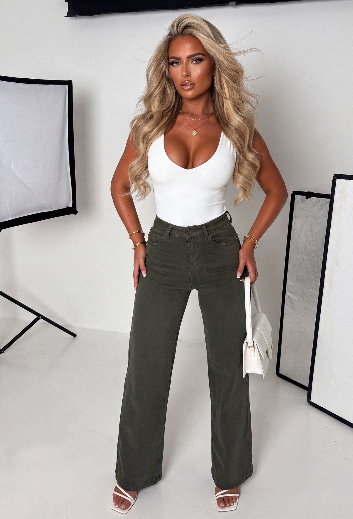 Kylie Khaki Stretch Wide Leg Jeans